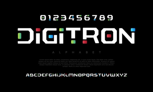 Digitron creative modern geometric urban alphabet font Digital abstract futuristic game techno robot music logo sport minimal technology typography Simple numeric vector illustration
