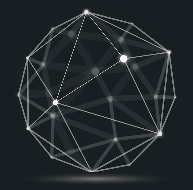 Dimensional lattice mesh vector abstraction, 3D polygonal design abstract sphere, tech and science digital style dynamic connections with lines and dots, with realistic depth of field effect.