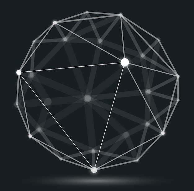 Dimensional lattice mesh vector abstraction, 3D polygonal design abstract sphere, tech and science digital style dynamic connections with lines and dots, with realistic depth of field effect.