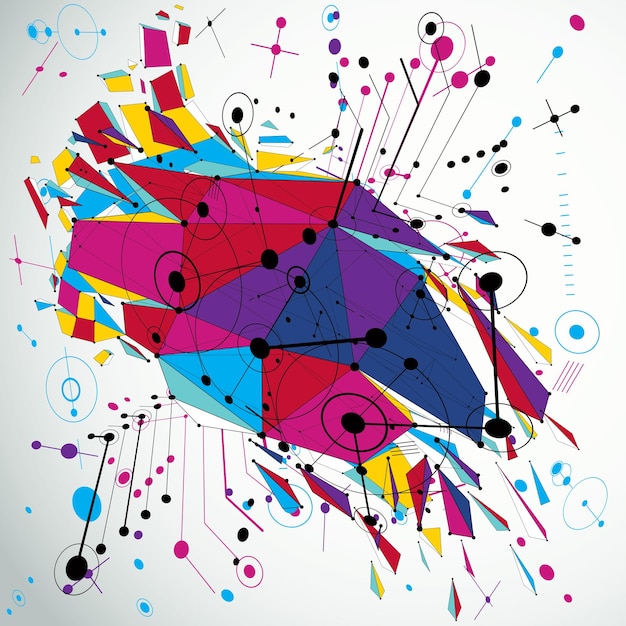 Dimensional mechanical scheme, colorful futuristic vector engineering drawing created with circles and connected lines. 3d cybernetic tech background made using low poly object with splinters.