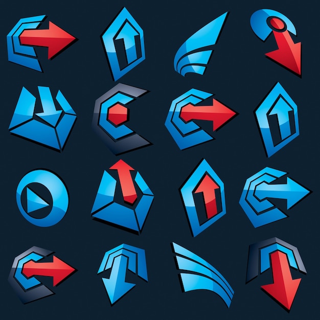 Dimensional vector blue app buttons. Collection of arrows, direction icons and different business corporate graphic symbols.