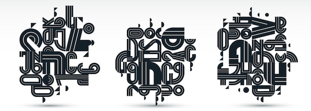 Dinamik dağınık soyut vektör design kompozisyonları seti, minimal çizgili modern sanat koleksiyonu, şık geometri öğeleri beyaz, siyah ve beyaz üzerinde izole edilmiş