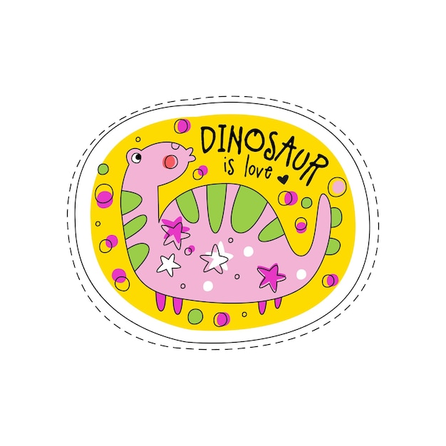 Dinozor aşk yaması rozeti sevimli çizgi film hayvan çıkartması beyaz arka planda elle çizilmiş vektör çizimi