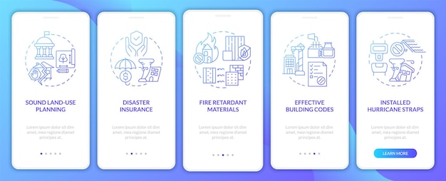 Disaster mitigation blue gradient onboarding mobile app screen Threat walkthrough 5 steps graphic instructions pages with linear concepts UI UX GUI template Myriad ProBold Regular fonts used