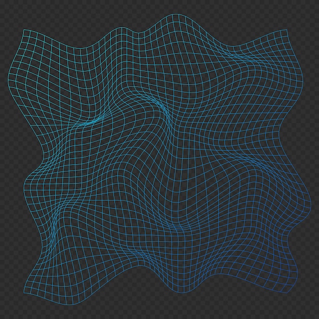 Distorted neon grid pattern Wireframe wave geometry grid Warped mesh texture Curved mesh elements Vector illustration