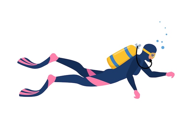 Diver with diving equipment wearing wetsuit with oxygen tank and fins Vector illustration isolated