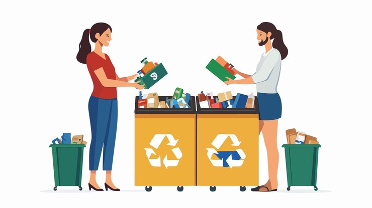 Vektör diverse customers exchanging reused goods in sustainable business concept