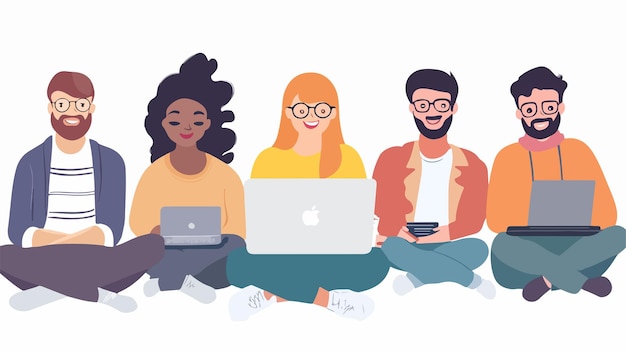 diverse group meeting around laptop for collaboration and teamwork in flat vector style