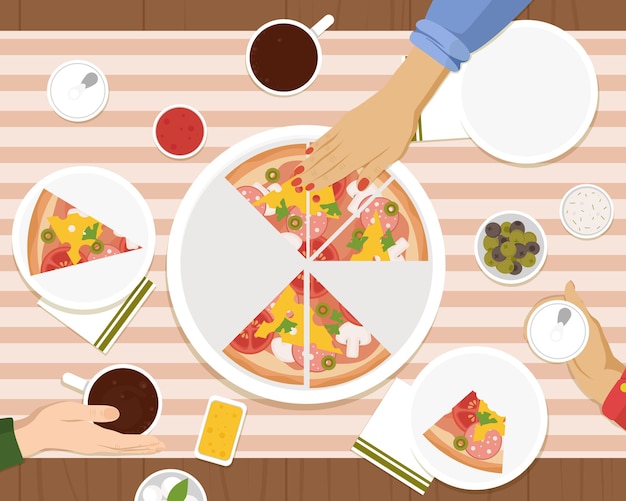 diverse male and female hands taking triangle pizza slices from box on table hands take drinks joy