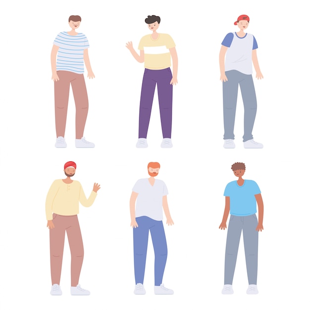 Diverse multiracial and multicultural people, diversity men young group cartoon