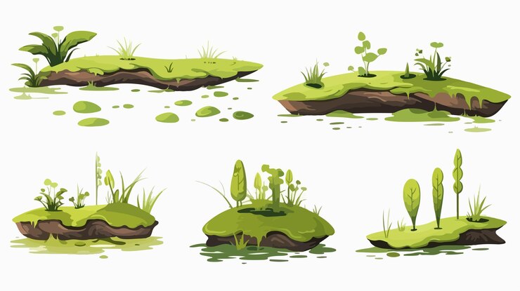 Vektor diverse swamp moss shapes and bog mud set