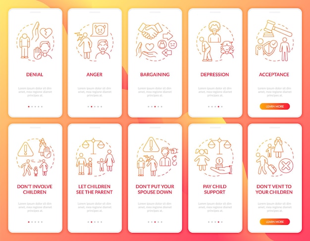 Divorce red gradient onboarding mobile app screen set Partners breakup walkthrough 5 steps graphic instructions pages with linear concepts UI UX GUI template Myriad ProBold Regular fonts used