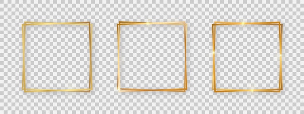 Dobbelt firkantede skinnende rammer med glødende effekter Sæt med tre guld dobbelt firkantede rammer med skygger på gennemsigtig baggrund Vektor illustration