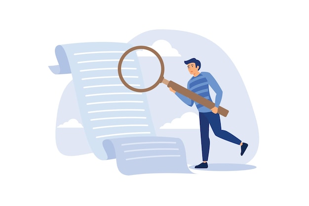 Document checking businessman manager holding big magnifying glass checking document paper