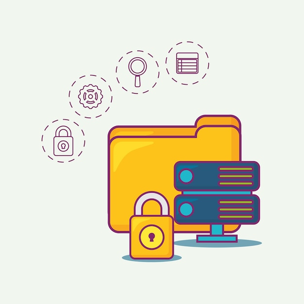 document folder and padlock with big data related icons