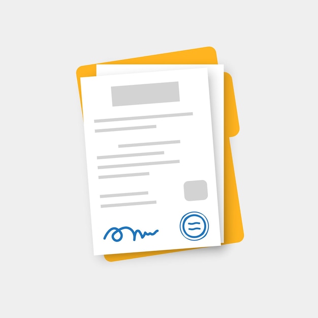 document folder with stamp and text icon in flat style white papers vector illustration on isolated background confirmed or approved document sign business concept