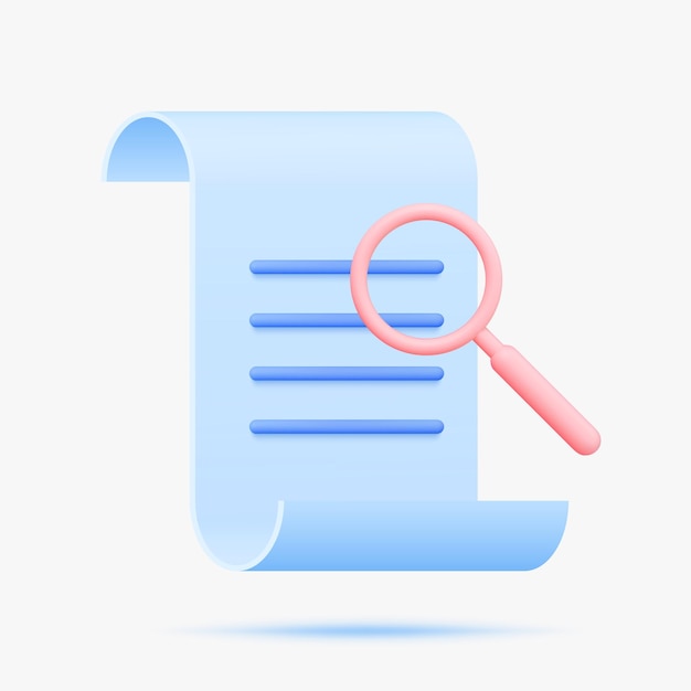 Document with magnifier 3d vector icon Isolated on white