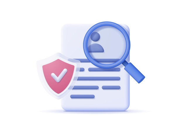 Document with shield under magnifying glass Vector 3d illustration