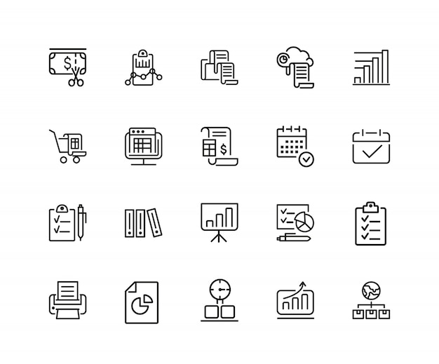 Documents icons. Set of twenty line icons. Invoice, diagram, report. 