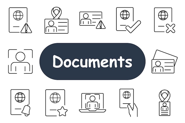 Documents set icon Passport ID card alert symbol checkmark profile globe and warning signs Best for identity verification documentation and security checks