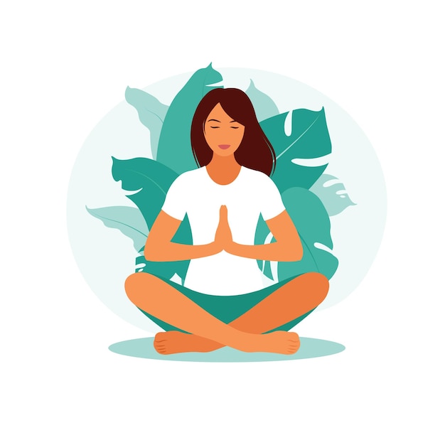 Doğada meditasyon yapan kadın. Meditasyon konsepti, rahatlama, dinlenme, sağlıklı yaşam tarzı, yoga. Lotus pozisyonunda kadın. İllüstrasyon