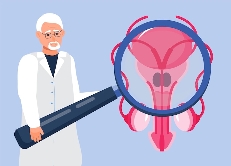 Vektör doktor prostatı büyüteçle inceliyor prostat simgesi konsept vektörü androloji androlojisi web açılış sayfası blogu için illüstrasyon
