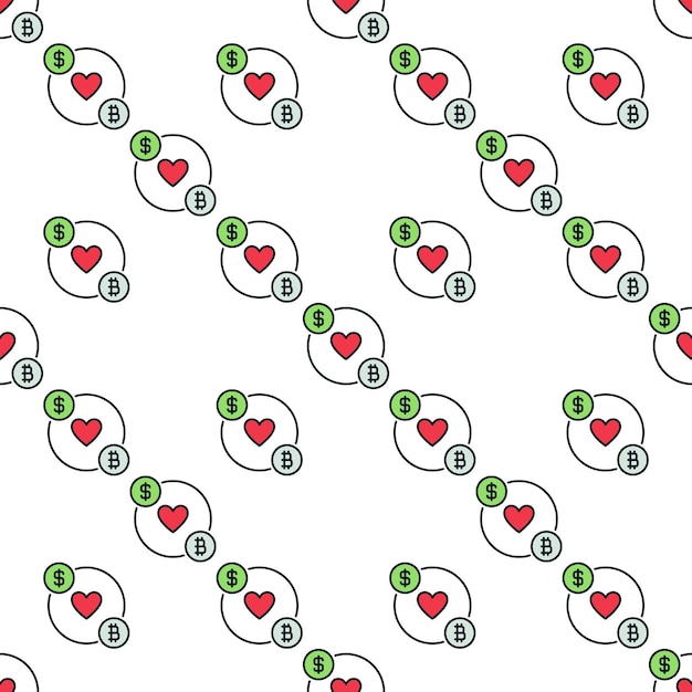dollar and bitcoin with red heart vector crypto traders and investors colored seamless pattern