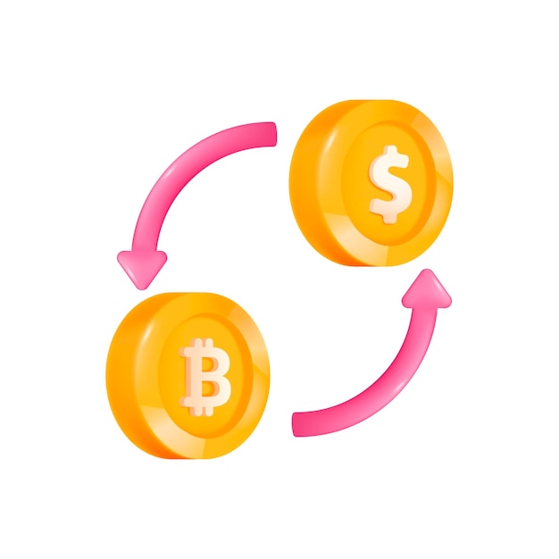 dollar coin and cryptocurrency exchange 3d illustration. cartoon drawing of gold coins with different symbols in 3d style on white background. business, finances, cryptocurrency concept