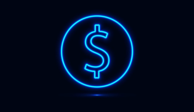 Dollar icon with circle blue neon isolated on dark background