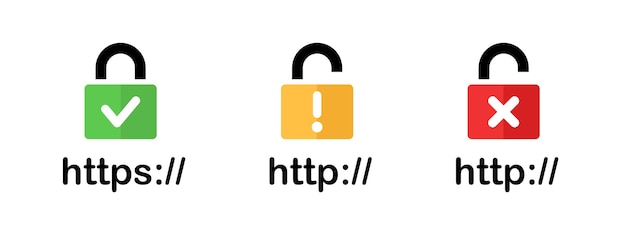 Domain security padlock icon HTTPS and HTTP network privacy status Web browser encryption protection symbol SSL certificate sign Insecure server connection vector illustration Website URL status