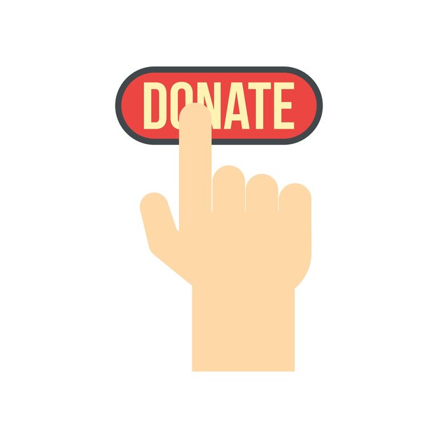 Donate button pressed by hand flat icon isolated on white background