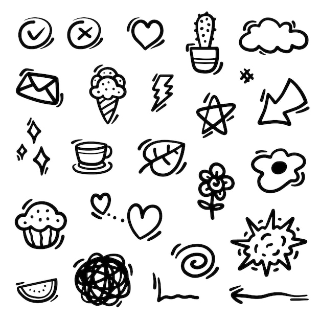Doodle abstract of swash black thin line set include of Heart Stroke Circle and Arrow Sign in Vector