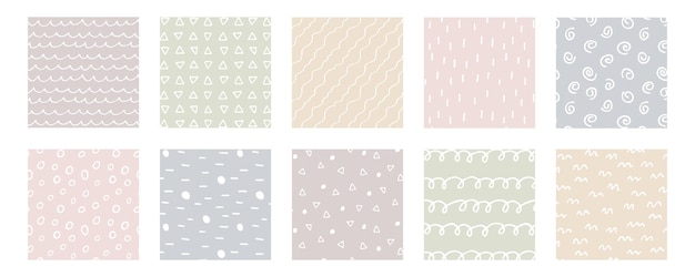 Doodle abstract seamless pattern collection White squiggles triangles strokes lines on pastel color