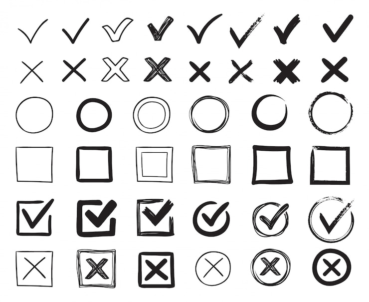 Vektor doodle check marks. hand drawn checkbox, examination mark and checklist marks. check signs sketch  illustration set