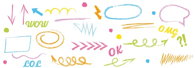 Doodle crayon pencil color brush hand drawn chalk vector element set
