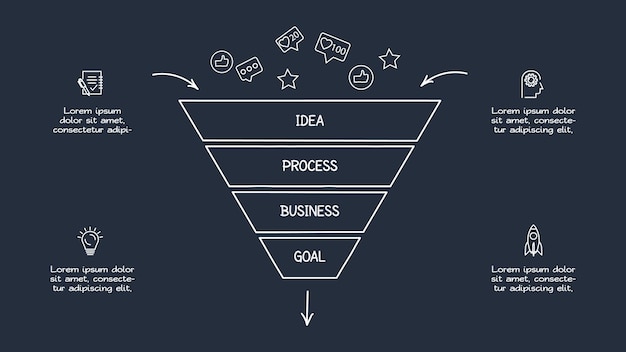 Doodle dark infographic elements with 4 options template for web on a black background