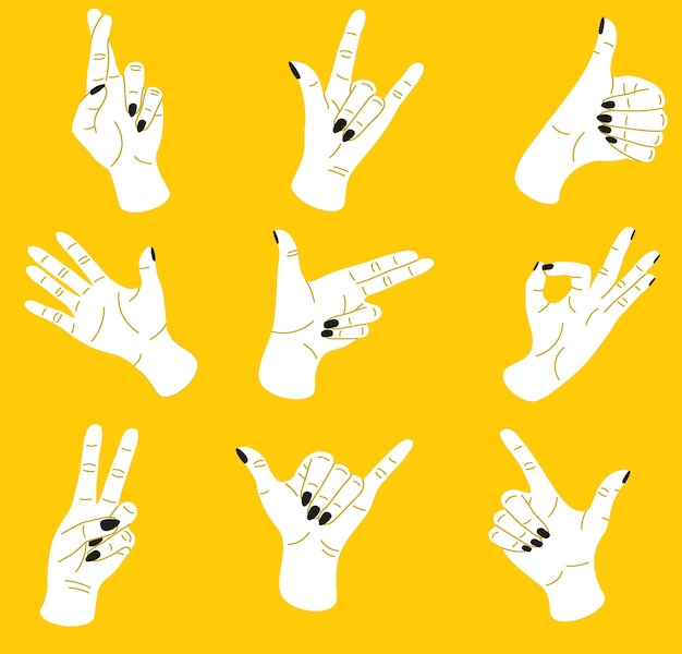 Doodle hands Various divers male or female arms showing symbols Gesturing clipart Seamless pattern Ok or victory finger pose Contemporary print Nail manicure Vector gestures set
