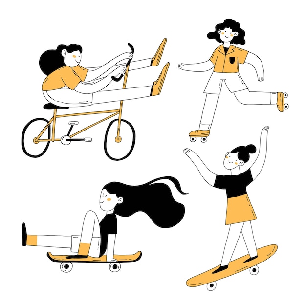 Doodle outline hand drawn set of illustration. Simple line vector character doing summer activity