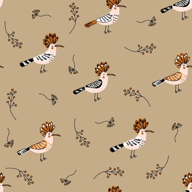 doodle seamless pattern with hoopoe birds and berries perfect for tshirt textile and print hand drawn vector illustration for decor and design