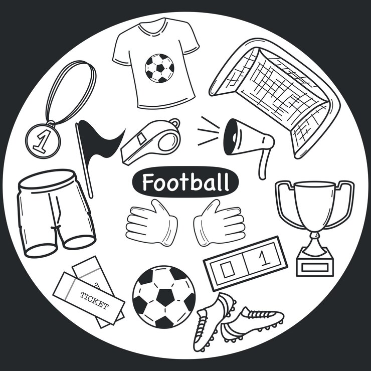 Doodle set with football items tshirt shorts gate boots ball flag cup whistle flat cartoon vector