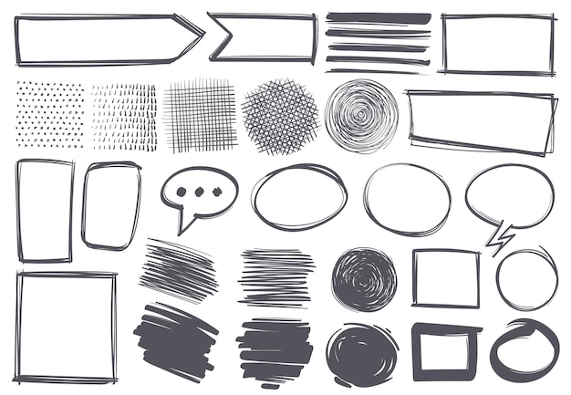 Doodle shapes. Pencil sketch textures and arrows, speech bubbles, borders and marks. Strokes and frames and symbols, hand drawn freehand scribble set