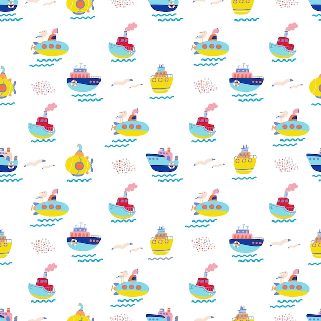 Doodle ship seamless pattern Sailing texture boy boat fabric print Marine graphics with sailboat summer ocean elements nowaday vector background