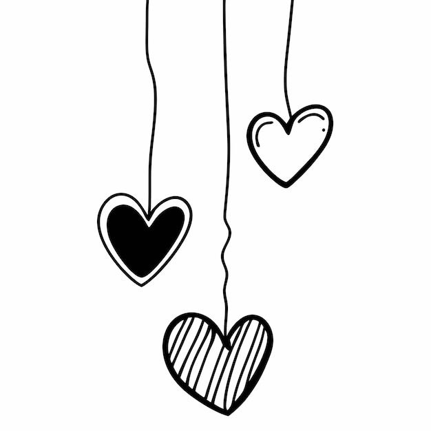 doodle style hand drawing black and white drawings of hearts isolated vector illustration