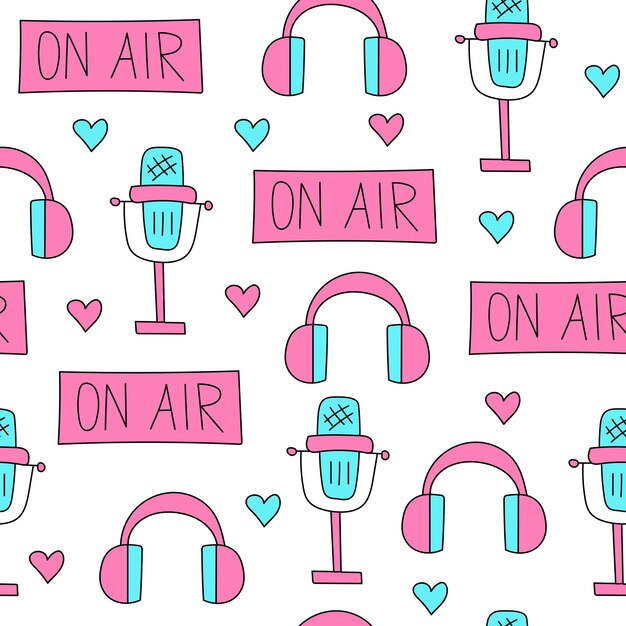 Doodle style microphone headphones a sign on air seamless pattern