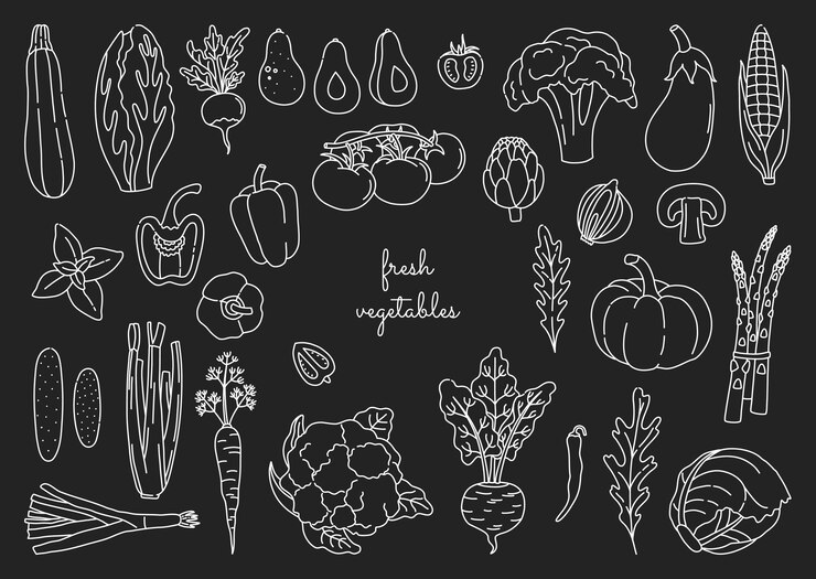 Doodle tarzında ana hatlı sebzeler seti. Beyaz konturlu el çizimi taze vejetaryen yemek demeti