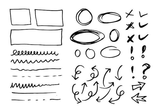 doodle vector lines and curves hand drawn check and arrows signs frames and spots collection.