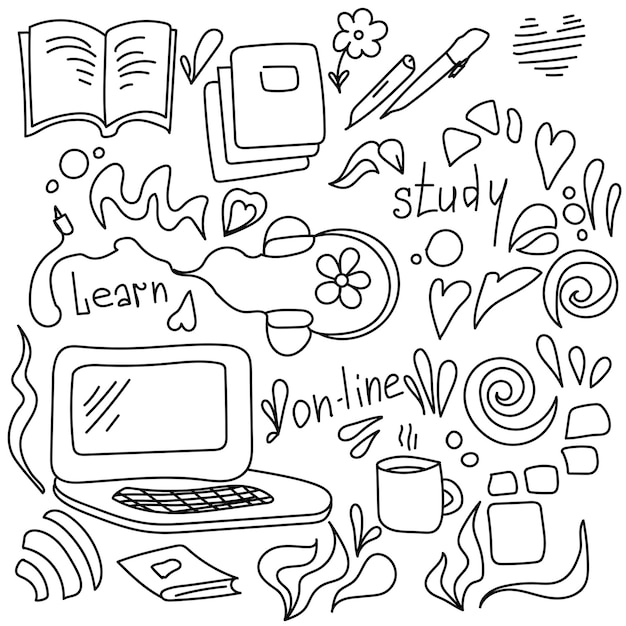 doodle vector set home learning differente objects on the online study theme