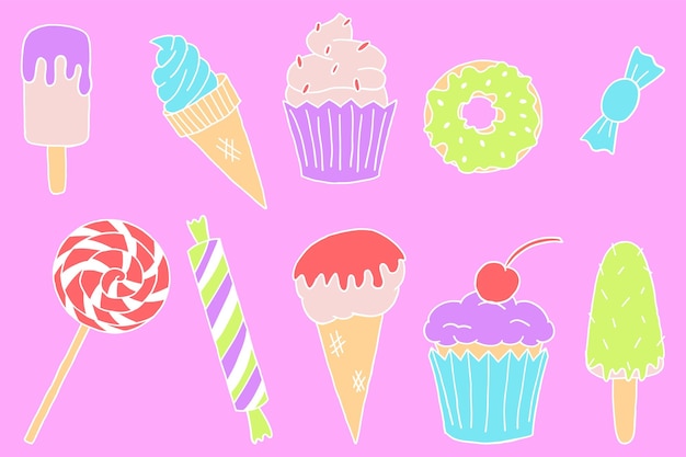 Doodle vector set with different sweets candies and desserts Isolated objects on pink background