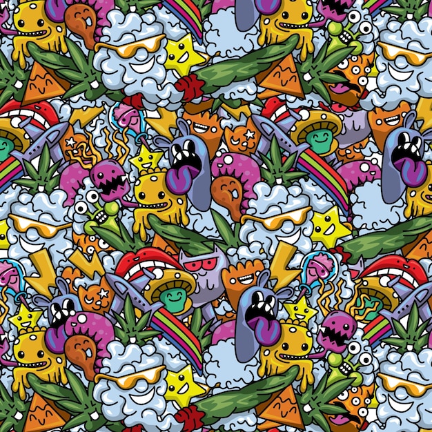 Doodle weed smokers art vector cute pattern cartoon small heroes characters