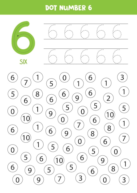 Dot numbers. Number six. Educational math game for kids.